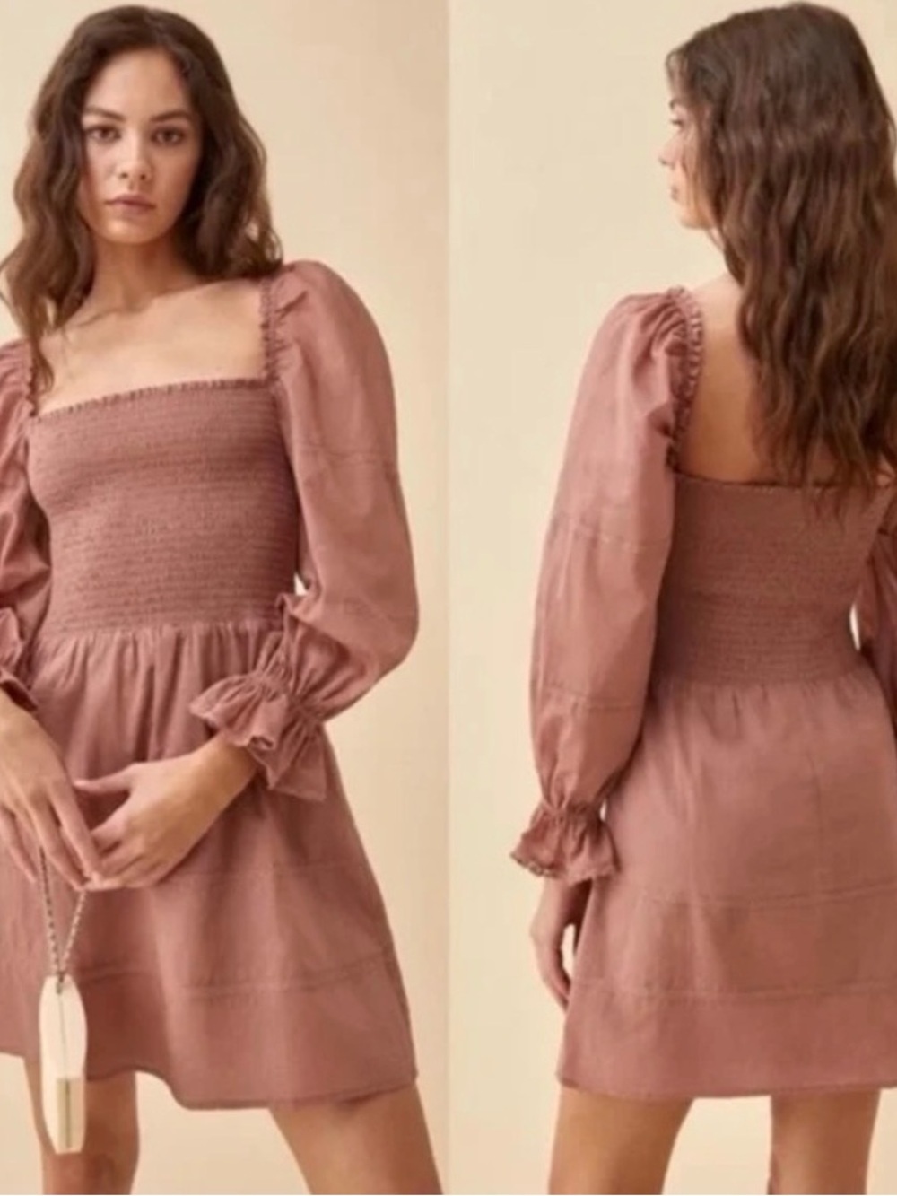 Reformation Dunes Mini Dress Praline Size 0 100% Organic Cotton Smocked Lace